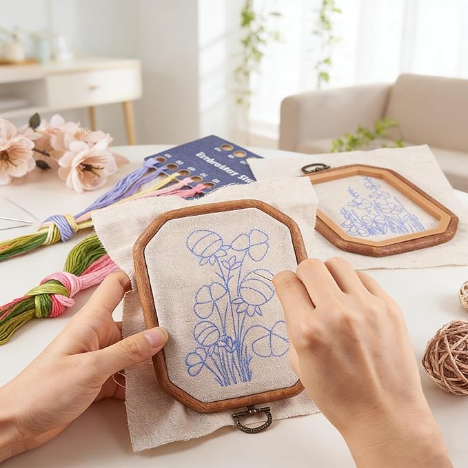 QBQBQ 5 Pack Octagon Flower Embroidery Starter Kit 7.9×5.9inch Vintage DIY Embroidery Kits for Adults Stamped Needlepoint Set with Step-by-Step Instructions Colorful Threads Craft Lover Gift