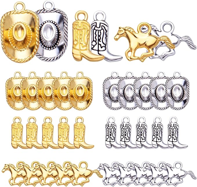 60pcs 3 Styles Western Cowboy Charms Tibetan Alloy Horse Hat Pendants Vintage Cowboy Boot Charms Crafts Supplies for DIY Bracelet Necklace Jewelry Making, Antique Silver, Antique Gold
