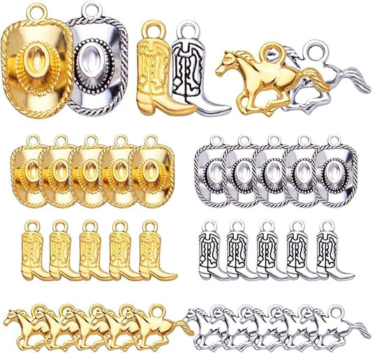 60pcs 3 Styles Western Cowboy Charms Tibetan Alloy Horse Hat Pendants Vintage Cowboy Boot Charms Crafts Supplies for DIY Bracelet Necklace Jewelry Making, Antique Silver, Antique Gold