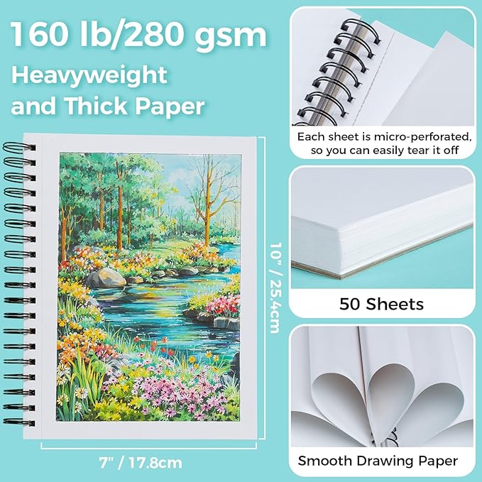 Ohuhu Double-Sided Marker Pad, Bleedproof Art Sketchbook – 7"x10" Large, 160 lb/280 GSM Heavyweight Smooth Paper – 50 Sheets/100 Pages, Spiral-Bound Drawing Book for Alcohol Markers