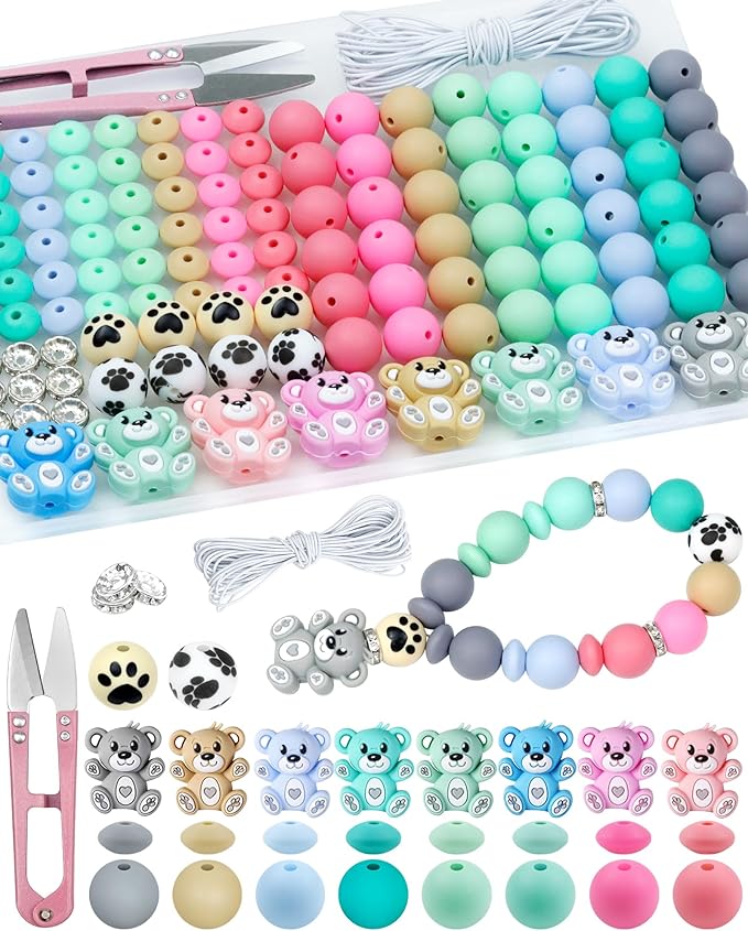 124PCS FIVEIZERO Silicone Focal Beads for Keychain Making, Animal Bear, 15mm Round 12mm Lentil & 10mm Rhinestone Beads for Pens, Bracelets & Crafts with Elastic Cord & Scissors