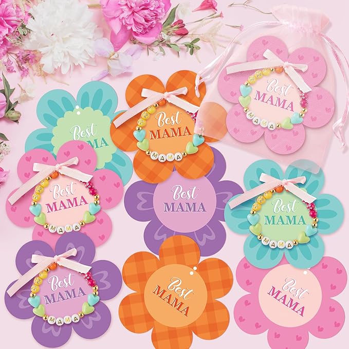 BeYumi Mom Bracelet Craft Kit - 24 Pack Mother's Day Mama Letter Heart Beads Bracelets with Flower Gift Cards and Bags DIY Thankful Craft Kit to Mothers School Classroom Family Party Fun Activities