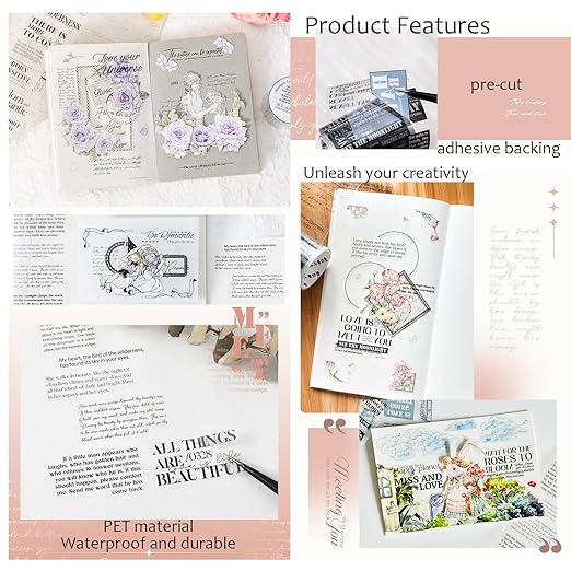 PET Tape Stickers for Scrapbooking Supplies, 6 Rolls of Lettering Themed Journal Stickers for Scrapbooking, Journaling, Junk Journal Supplies, DIY Crafts (Romance)