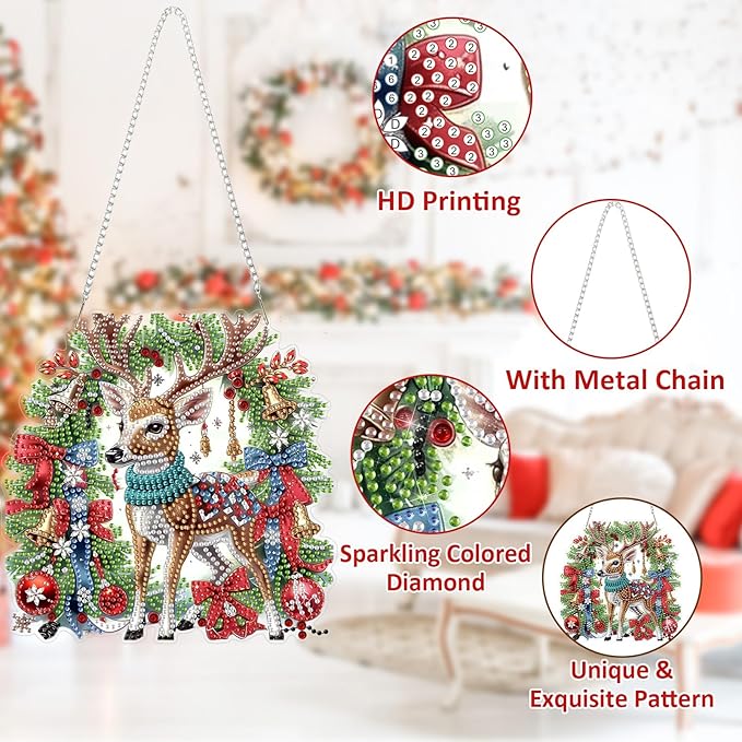 SENQAO Deer Diamond Art Hanging Kits for Adults Kids, Christmas Diamond Art Suncatchers, 5D Special Shape Diamond Painting Pendant Window Ornament Gifts for Home Garden Door Wall Decor