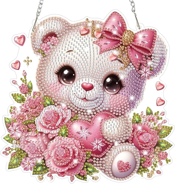 Bowetile Valentine's Day Diamond Art Hanging Kits for Adults, Diamond Art Suncatchers Bear, 5D Special Shape Diamond Painting Flowers Pendant Window Ornament Gifts for Home Door Wall Decor