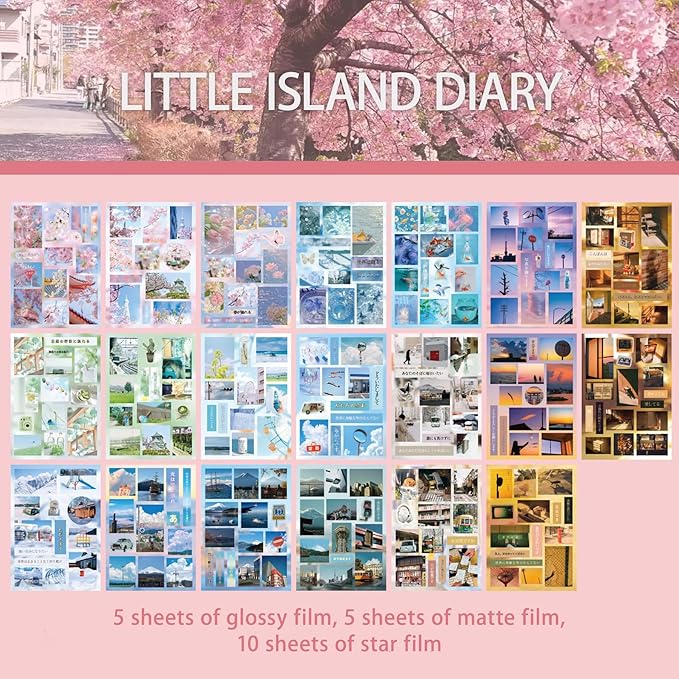 Japanese Kawaii Sticker Book - 20 Sheets Cute Cherry Blossom Island Vibe Stickers for Journals, Planners, Scrapbooking & Water Bottles - Holographic Glitter Vinyl Decals (277 Pcs, Pink)
