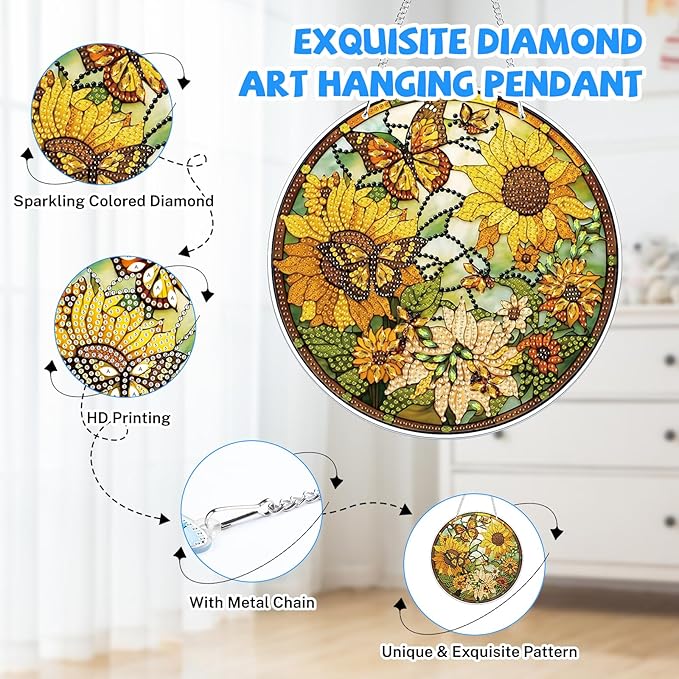 Bowetile Sunflower Diamond Art Hanging Kits for Adults, 5D Special Shape Diamond Painting Butterfly Pendant Kits, Animal Gem Art Suncatchers Painting Ornament for Home Garden Wall Decor