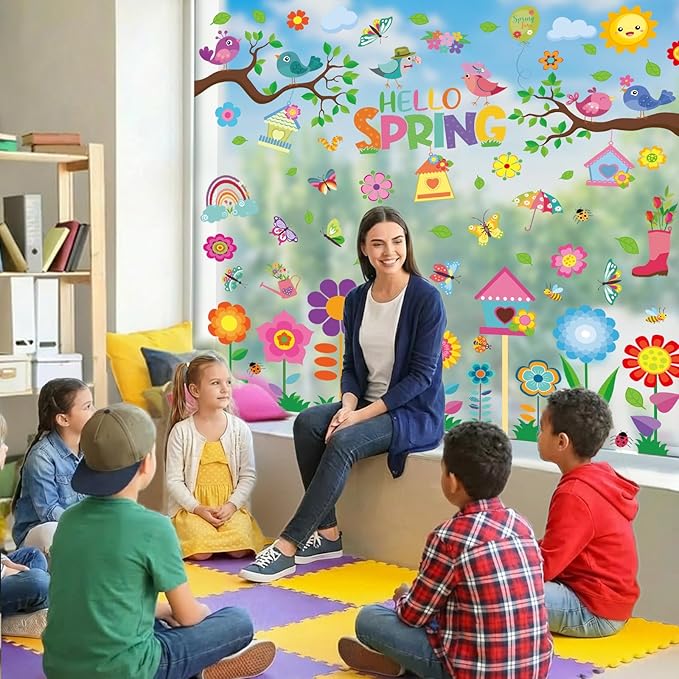 9 sheets spring window clings for glass windows, hello spring stickers decals decor for kids, summer decorations for classroom, home, office