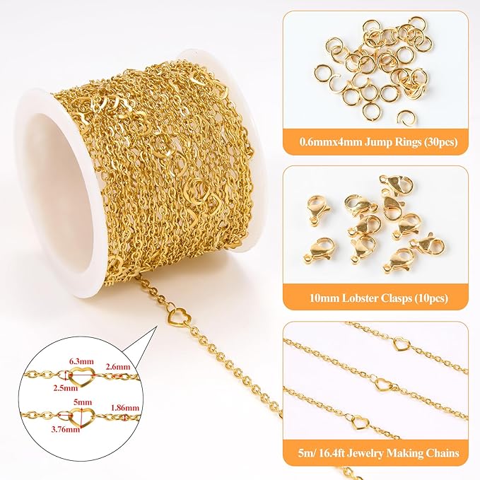YOUBEIYEE 16.4 Feet Gold Plated Chain for Jewelry Making Stainless Steel Heart Chains Bulk for Women Necklace DIY with Jewelry Accessories