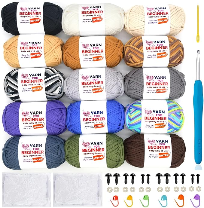15 Pack Cotton Crochet Yarn - Neutral Colors (Beige, Khaki, Brown, Black) for Beginners with Easy-to-See Stitches - 15x50g Dark Mix