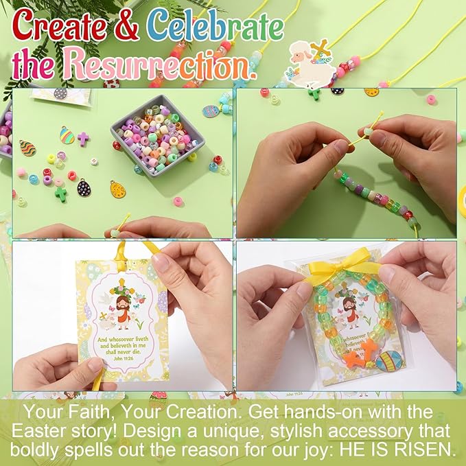 Ferreve 25 Sets Easter Beads Necklace Craft Kit DIY He is Risen Craft Acrylic Cross Bead Alloy Easter Egg Pendant Christian Religious Gifts with Jesus Greeting Card for Church Party Favor Activities