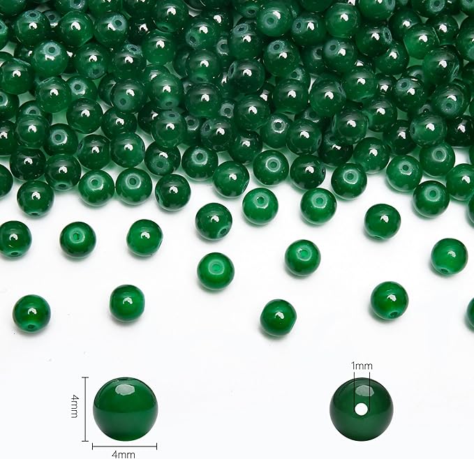 400PCs 4mm Deep Green Jade Glass Beads Bulk, Round Smooth Hole Glass Crystal Beads for Jewelry Making, DIY Bracelets, Necklaces, Bag Charms, Keychains and Craft Projects