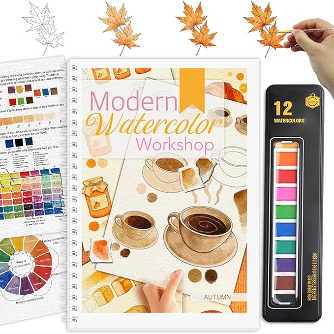 Watercolor Workbook, Watercolor Workbook Paint Book Beginner Friendly with 12 Patterns, Beginner-Friendly Watercolor Workbooks with 12 Paint Colors & Brush, Water Color Paint Set, Valentine's Day Gift