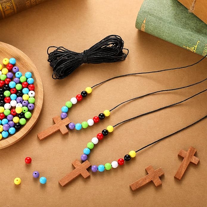 Kathfly DIY Wood Cross on Cord Pendant Necklace Sunday School Crafts for Kids Wood Cross Necklace with Colorful Beads Religious Party Favor for Vbs Church Easter Gifts