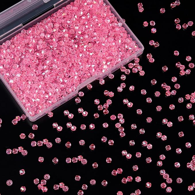 laopottbeads 1200pcs 3mm bicone crystal glass beads for jewelry making, sparkling mini beads for suncatchers, diy bracelets & craft projects (light rose red)