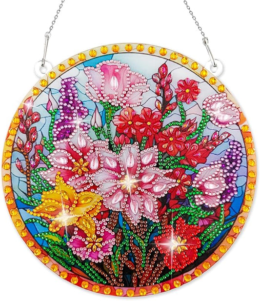 Diamond Art Hanging Kit for Adult, Diamond Painting Ornament Hanging Kit, Special Shaped Rhinestone,DIY Acrylic 5D Art Window Pendants Home Garden Wall Kits,Double Sided (Flower)