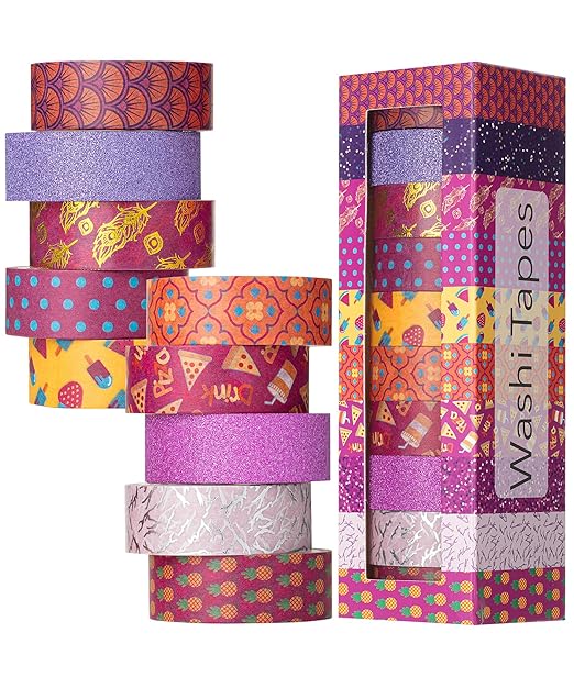 Mr. Pen- Washi Tape Set, 10 Rolls, 15mm Wide, 5 Yards/Roll, Summer Fiesta Design (Glitter, Silver & Gold Foil), Washi Tape for Journaling