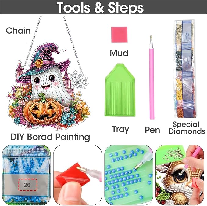 SKRYUIE Halloween Hanging Diamond Art Kits for Adults Pendant Suncatcher, Special Shaped Crystal DIY Pearl Diamond Painting Kit, Gift for Mother Spring Summer Window Wreath Decor 7.88 x 7.48 Inch D11