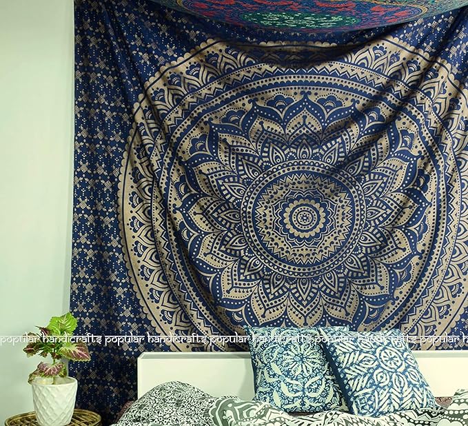 popular handicrafts tapestry wall hanging hippie ombre mandala bohemian hippy psychedelic design indian tapestries bedspread 30 x 40 inches (76 x 101 cms), blue gold