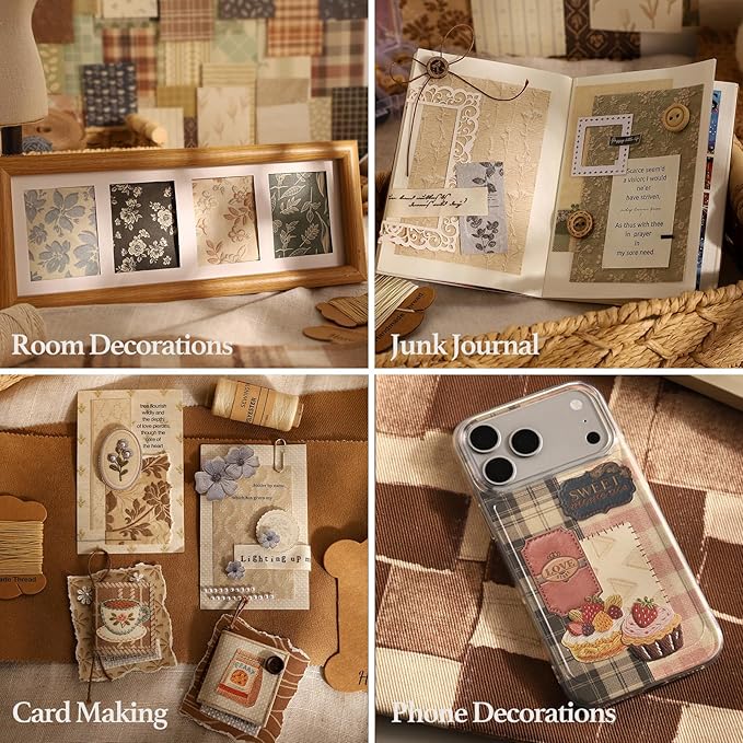 300Pcs Textured Scrapbook Paper Kit - Vintage 6 Pack Decoupage Paper Mixed Media for Scrapbooking Supplies Junk Journaling Cards Making Collage Floral Decorative Materials Craft Gifts 4.13x2.64 Inch