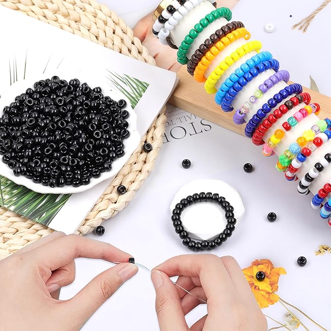 Black Pony Beads Bulk - 1000 Pcs Plastic Beads for Friendship Bracelets, Hair Braiding & Jewelry Making - 6x9mm, Large Hole