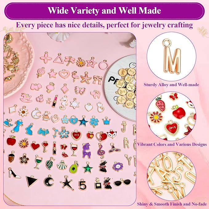 Modacraft 3 Types 172 Pcs Charms for Jewelry Making with Jump Rings, Bulk Enamel KC Letter Charm for DIY Necklace Bracelet Earring Craft Supplies