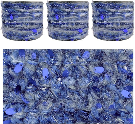 Artisanal Yarn Collection Multifiber Fancy Yarn with Sequins & Iridescent Shimmering Threads for Knitting Crocheting Crafts DIY, Set of 3 Rolls (Sapphire Blue)