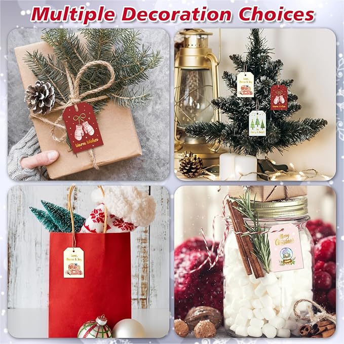96 Pcs Christmas Gift Tags, Watercolor Christmas Hanging Tags Label Gold Foil with Hemp Rope Xmas Present Tag for DIY Xmas Holiday Present Wrapping Decorations, 6 Styles
