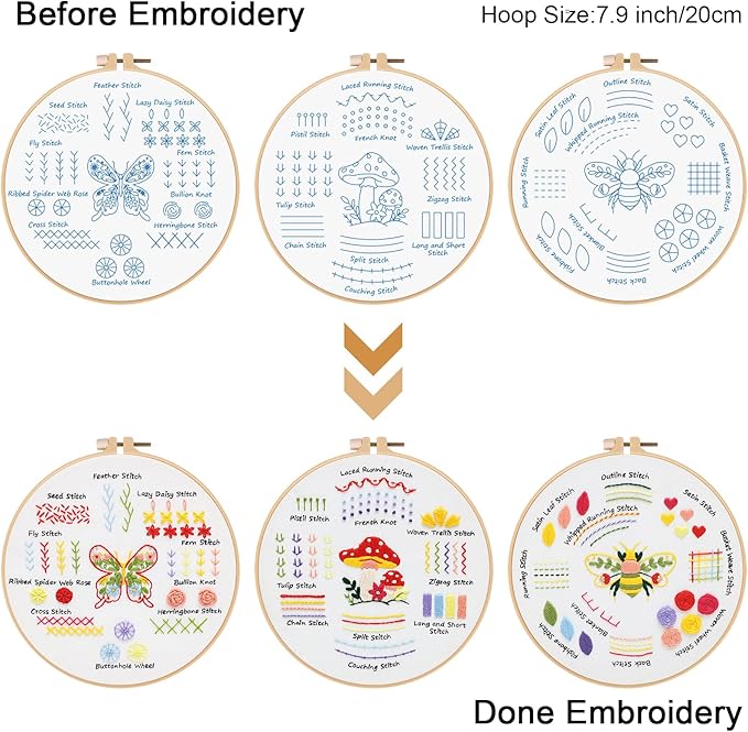 Louise Maelys Embroidery Kit for Beginners,3 Packs Practice Tool for Adults,Learn 30 Basic Stitches,DIY Hand Sewing Gift,Cross Stitch Starter Kits with Hoop Needles Instruction and Threads