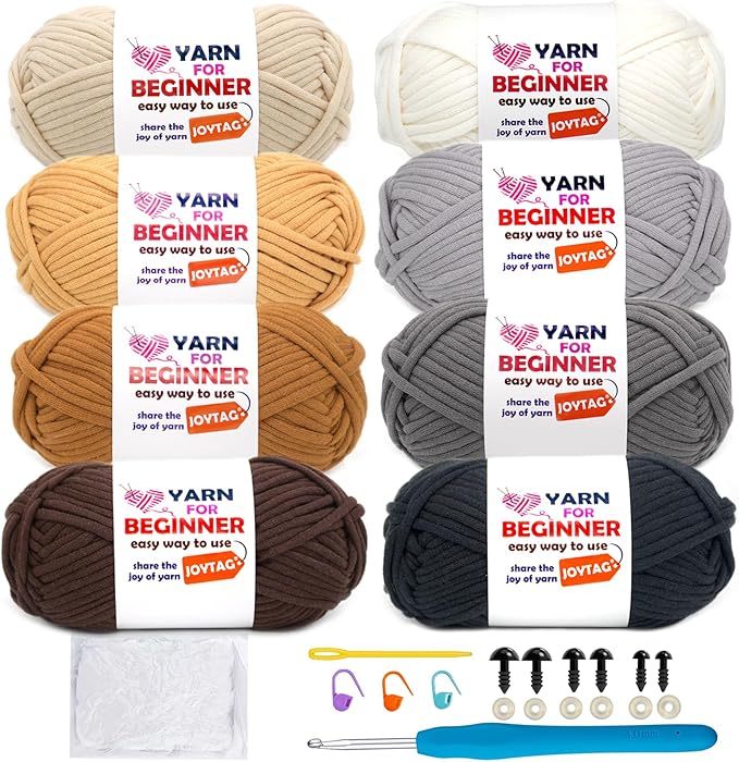 8 Pack Cotton Crochet Yarn - Beige Khaki Brown Mix for Knitting with Easy-to-See Stitches - Crochet Kit (8x50g)