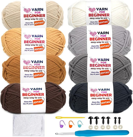 8 Pack Cotton Crochet Yarn - Beige Khaki Brown Mix for Knitting with Easy-to-See Stitches - Crochet Kit (8x50g)