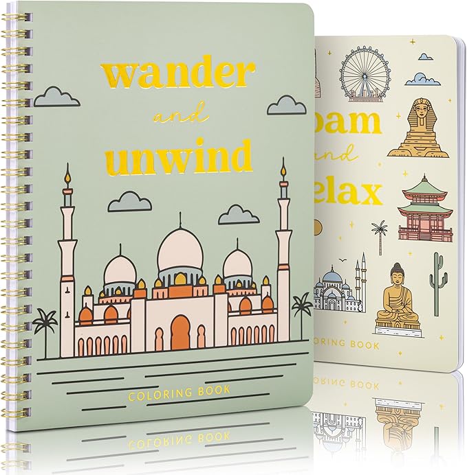 Beautiful Adult Coloring Book Set of 2 for Relaxation - Inspirational Adventures and Sightseeing Spots for The Spirit of Wanderlust - Perfect Stress-Relieving Gift for Women