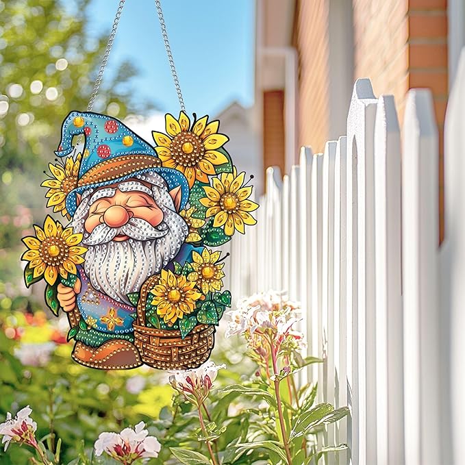Wergund 5D DIY Gnome Diamond Art Hanging Kits, Hanging Diamond Art Sunflower, Acrylic Special Shaped Rhinestone, Window Hanging Pendants for Home Wall Garden Front Door Outdoor Decor Gift(Gnome)
