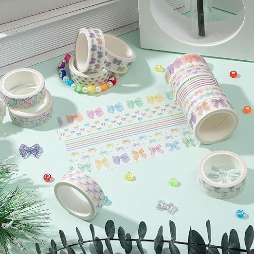 Watercolor Bow Washi Tape - 12 Rolls Colorful Watercolor Bow Pastel Preppy Aesthetic Scrapbook Washi Adhesive Glue Masking Tape Set School Office DIY Craft Scrapbooking Junk Journal Supplies