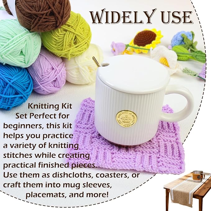 Lewhoo Knitting Kit for Beginners,Learn to Knit Kit for 6 Patterns Dishcloth with Step-by-Step Instruction,Complete Knit Starter Kit -Including Yarn, Knitting Needle&Accessories
