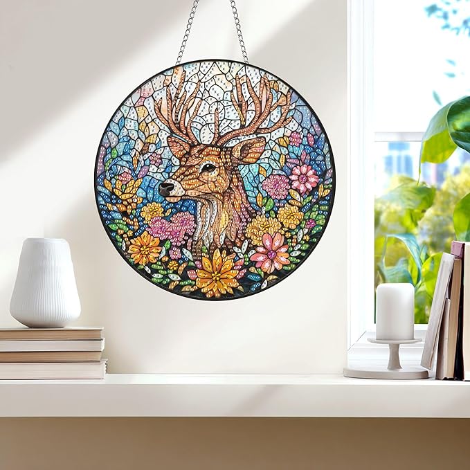 Wergund 5D DIY Elk Diamond Art Hanging Kits, Hanging Diamond Art Flower Animal, Acrylic Special Shaped Rhinestone, Window Hanging Pendants for Home Wall Garden Front Door Outdoor Decor Gift(Elk)