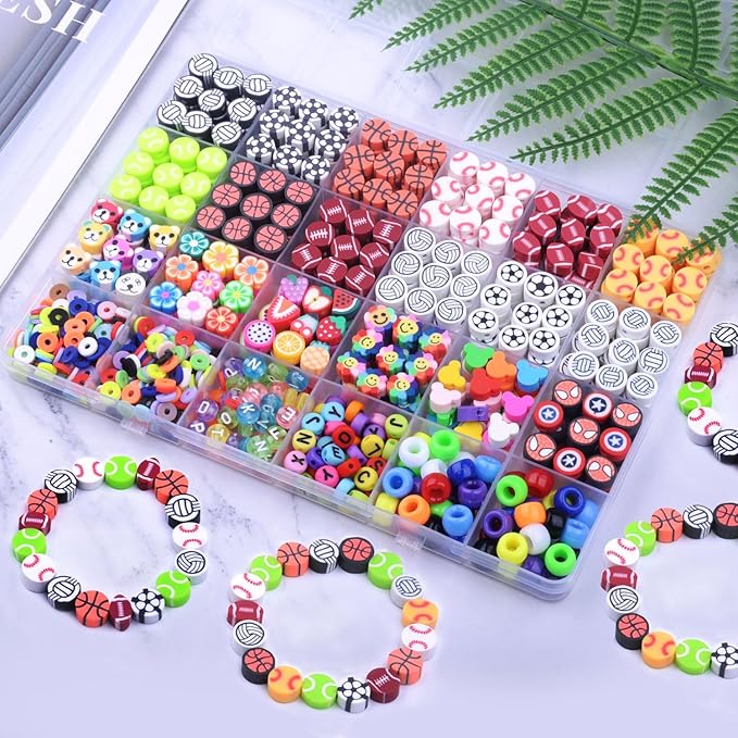 BBita 1000PCS Sports Polymer Clay Beads Bracelet Making kit, 24 Style Cute Fun Ball Beads Baseball Basketball Soccer Rugby Volleyball Football Charms, DIY Bracelet Making kit