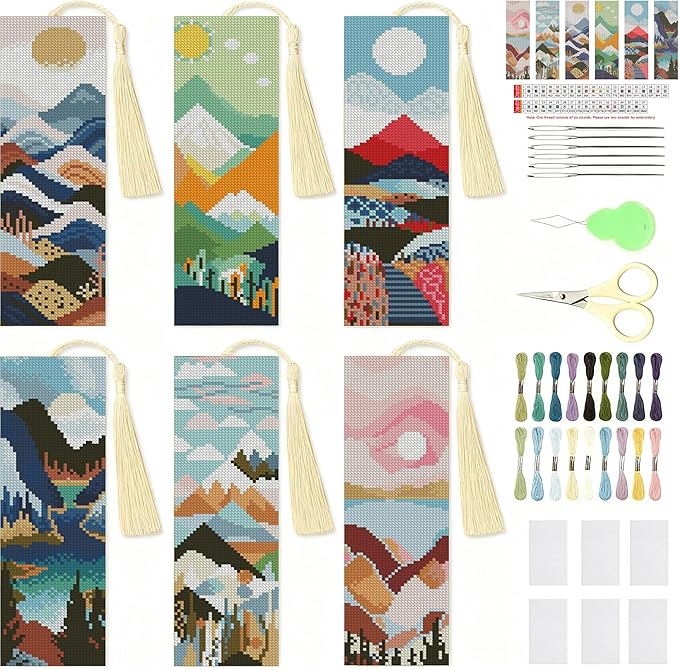 NEGEKFKX 6 Pcs Landscape Cross Stitch Bookmark Kit for Adult Beginners, Cross Stitch Kits 14 CT DIY Crossstitch Kits Adult Stamped Bookmark Embroidery Bookmarks Kit