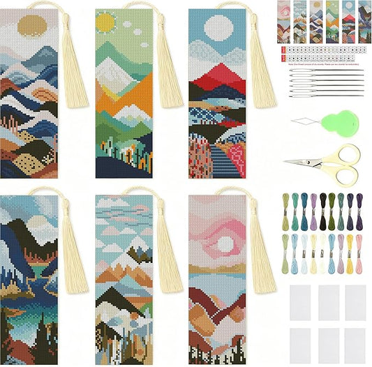 NEGEKFKX 6 Pcs Landscape Cross Stitch Bookmark Kit for Adult Beginners, Cross Stitch Kits 14 CT DIY Crossstitch Kits Adult Stamped Bookmark Embroidery Bookmarks Kit