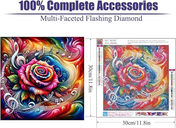 STGLCR Music Diamond Painting Kits for Adults,5D Rainbow Rose Diamond Art Kits for Beginners,DIY Full Drill Diamond Gem Art with Painting Kits for Home Wall Decor 12 x 12 Inch Music Rose