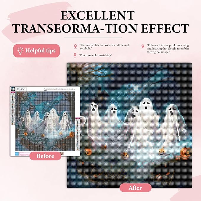 Yezavesu Halloween Diamond Art Kits for Adults, Ghost Diamond Painting Kit for Beginners, Pumpkin 5D DIY Round Full Drill Painting with Gem Art Craft Kits for Home Wall Decor 14x14 Inch