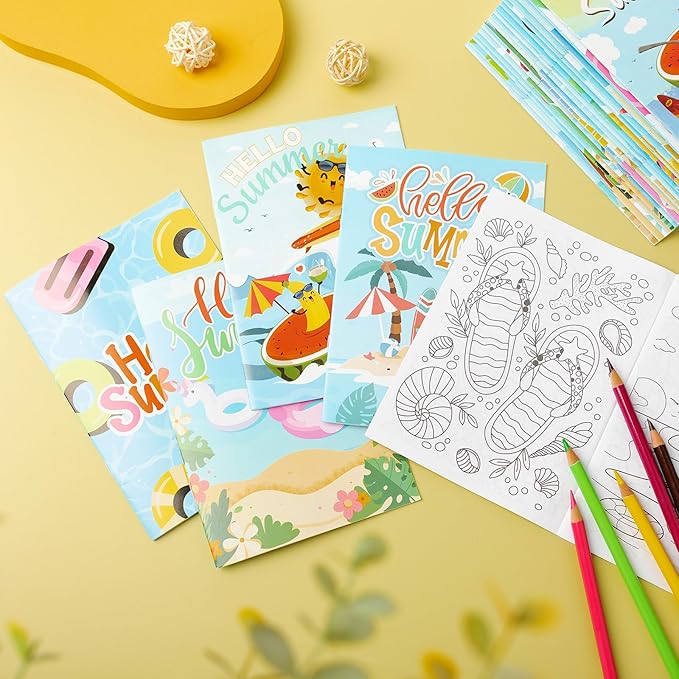 Liliful 144 Pcs Summer Coloring Book Bulk DIY Art Drawing Book with Beach Sea Watermelon Patterns Summer Favors Goodie Bag Filler and Holiday Gifts