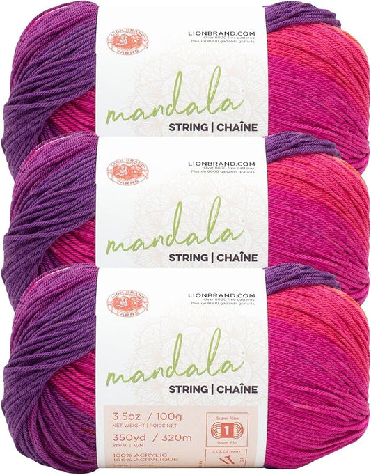 Lion Brand Yarn Mandala String, Fingering Yarn for Knitting and Crochet, Beats, 3 Pack