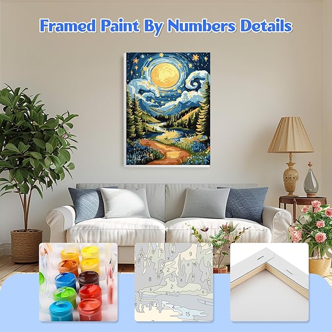GHHKUD Landscape Paint by Numbers with Frame for Adults Beginners, DIY Moon Paint by Numbers for Age 6-12, Art on Canvas Gifts Home Wall Decor 8x12in