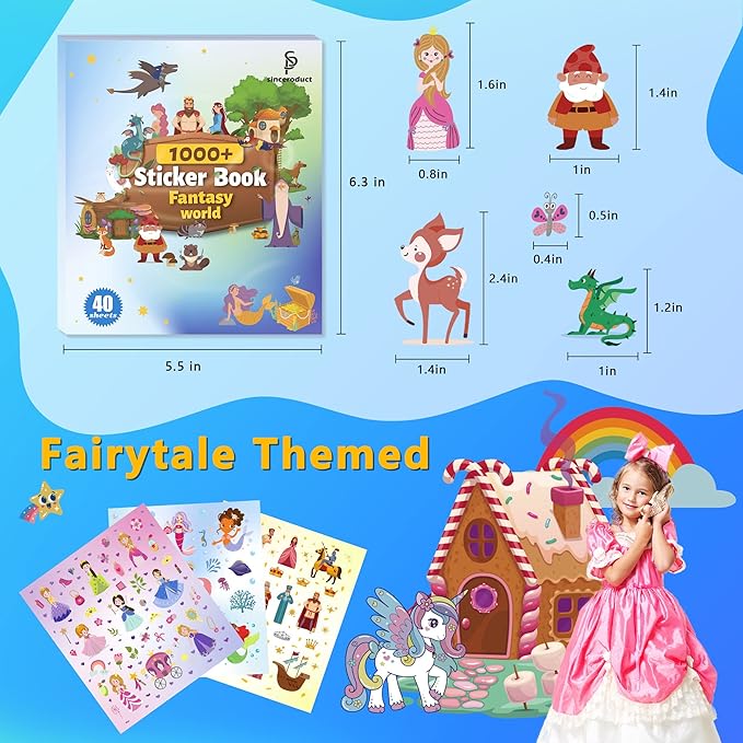 sinceroduct sticker book with 1000+ magic fairy cartoon patterns, 20 themes of cute water bottle stickers for kids, gifts and rewards of halloween christmas classroom or parties