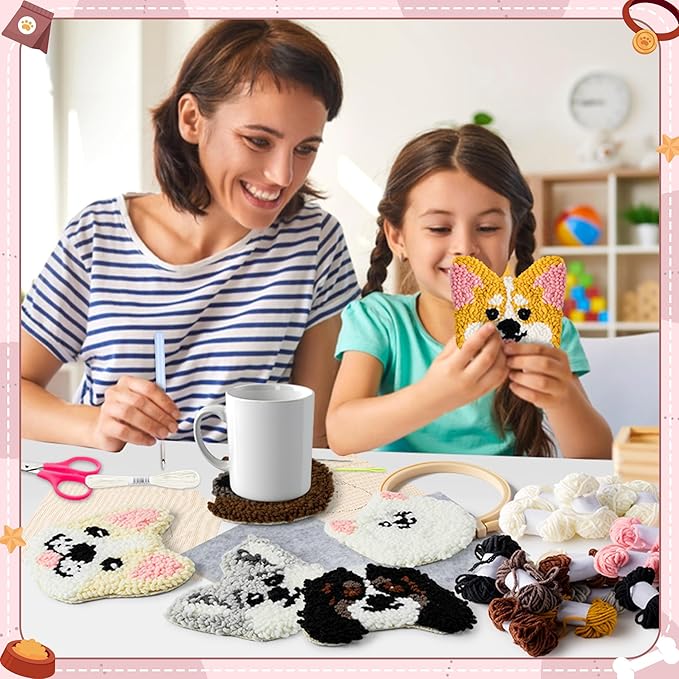 WATINC Craft Punch Needle Coaster Kit, 22Pcs Easy Art Work Decor Craft Supply for Beginners, DIY Set of 6 Puppy Head Pattern Tufted Rug Pads with Adhesive Felt Yarns Embroidery Hoop Tools Instruction