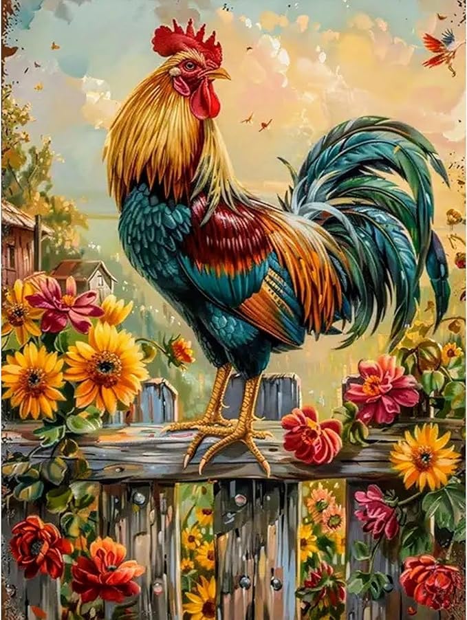 Yezavesu Chicken Diamond Art Kits for Adults, Chicken Diamond Painting Kit for Beginners, 5D DIY Round Full Drill Painting with Gem Art Craft Kits for Home Wall Decor 12x16 Inch