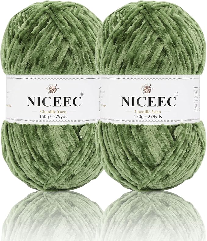 NICEEC 2 Skeins Soft Chenille Yarn Blanket Yarn for Knitting Fancy Yarn for Crochet Weaving DIY Craft Total Length 2×255m (2×279yds, 2×150g)_Army Green