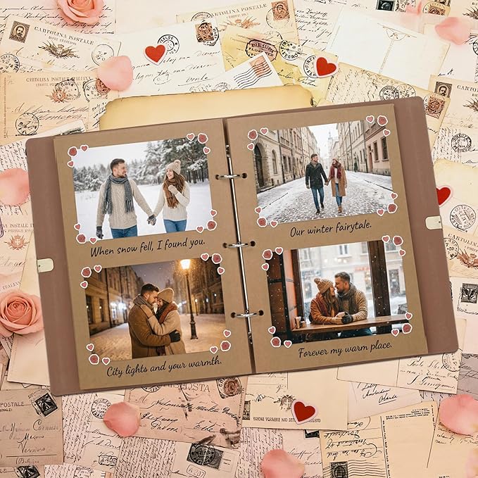 Vienrose Photo Album Scrapbook Kit, 3 Ring Faux Leather Cover DIY Memory Book Kraft Paper with 50 Sheets 100 Pages, Vintage Scrapbooking Supplies Set for Wedding, Anniversary, Valentine Gifts, Brown