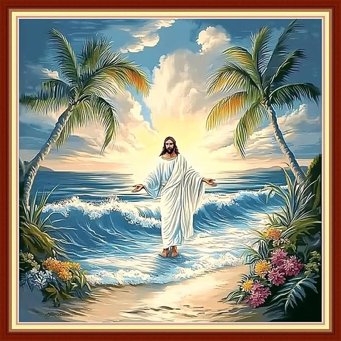 Redxing Stamped Cross Stitch Kits Embroidery kit for Beginners Adults Full Range of Embroidery Patterns Starter Kits DIY Printed Cross Stitch Kits Needlepoint Kits 11CT-Jesus Coconut Tree 18x18 inchs